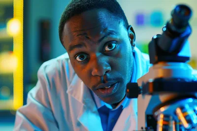 African Scientist Examining Samples Under Laboratory Microscope