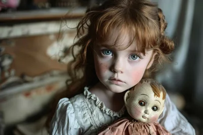 Young Girl Holding An Antique Doll