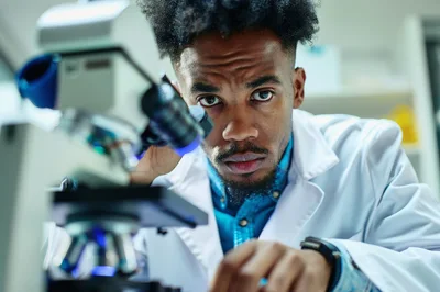 Young Scientist Examining Samples Under A Laboratory Microscope
