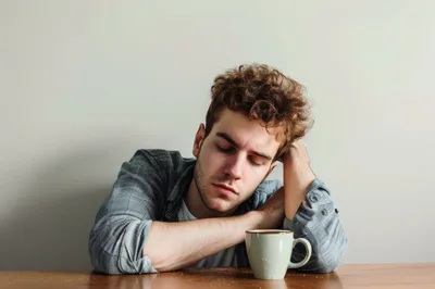 Tired Young Man Resting Head On Table With Coffee