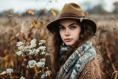 Young Woman Wearing A Fedora And Scarf In Autumn