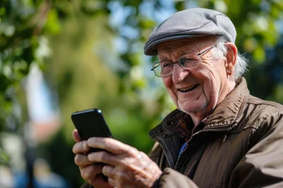 Elderly Man Smiling While Using A Smartphone Outdoors