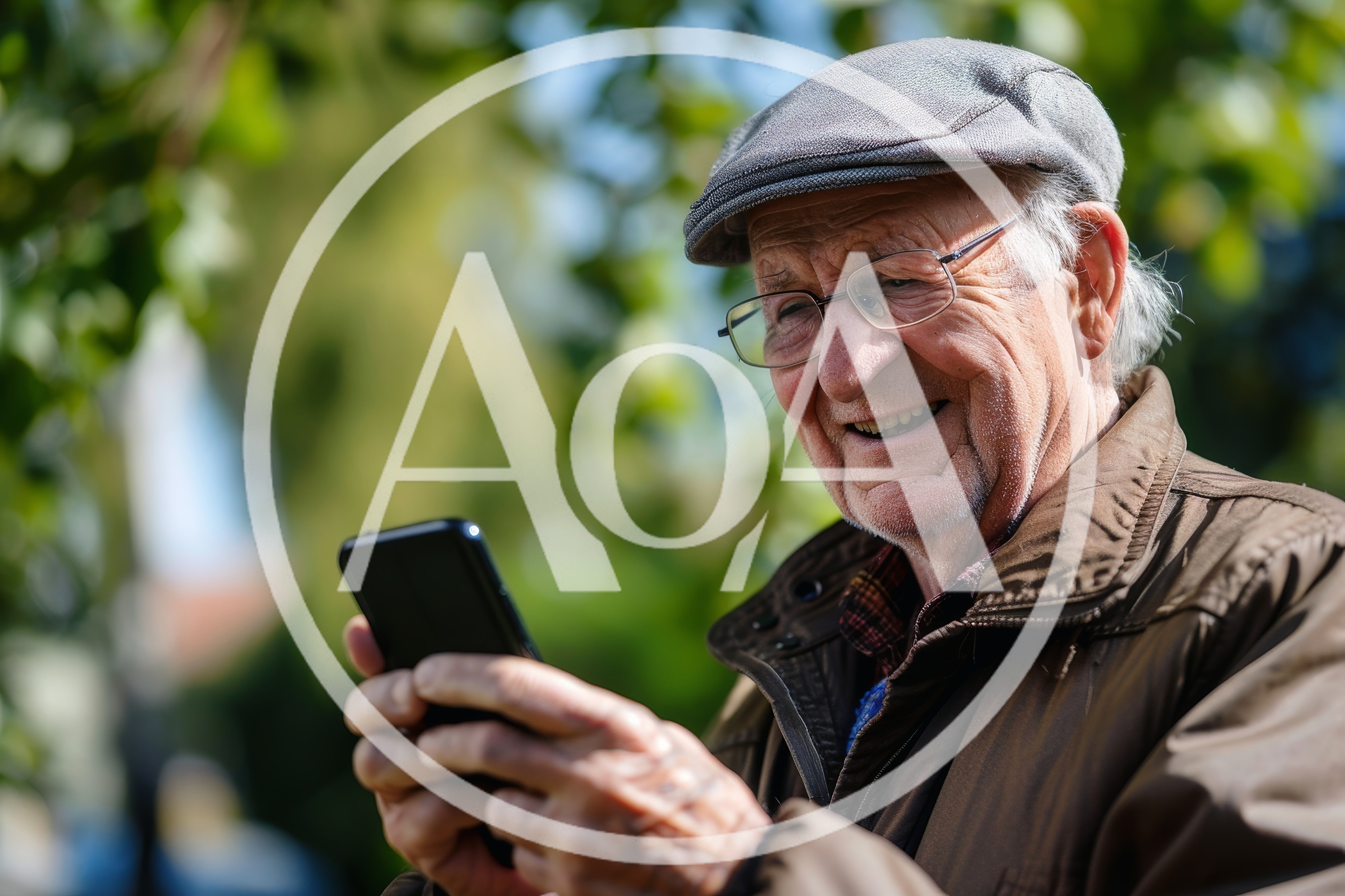 Elderly Man Smiling While Using A Smartphone Outdoors