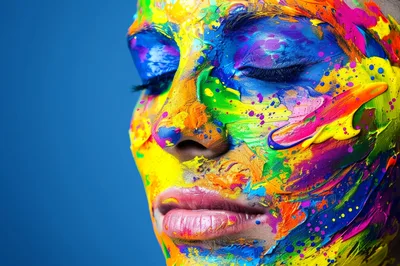 Close Up Portrait Of Woman With Colorful Paint Splatter