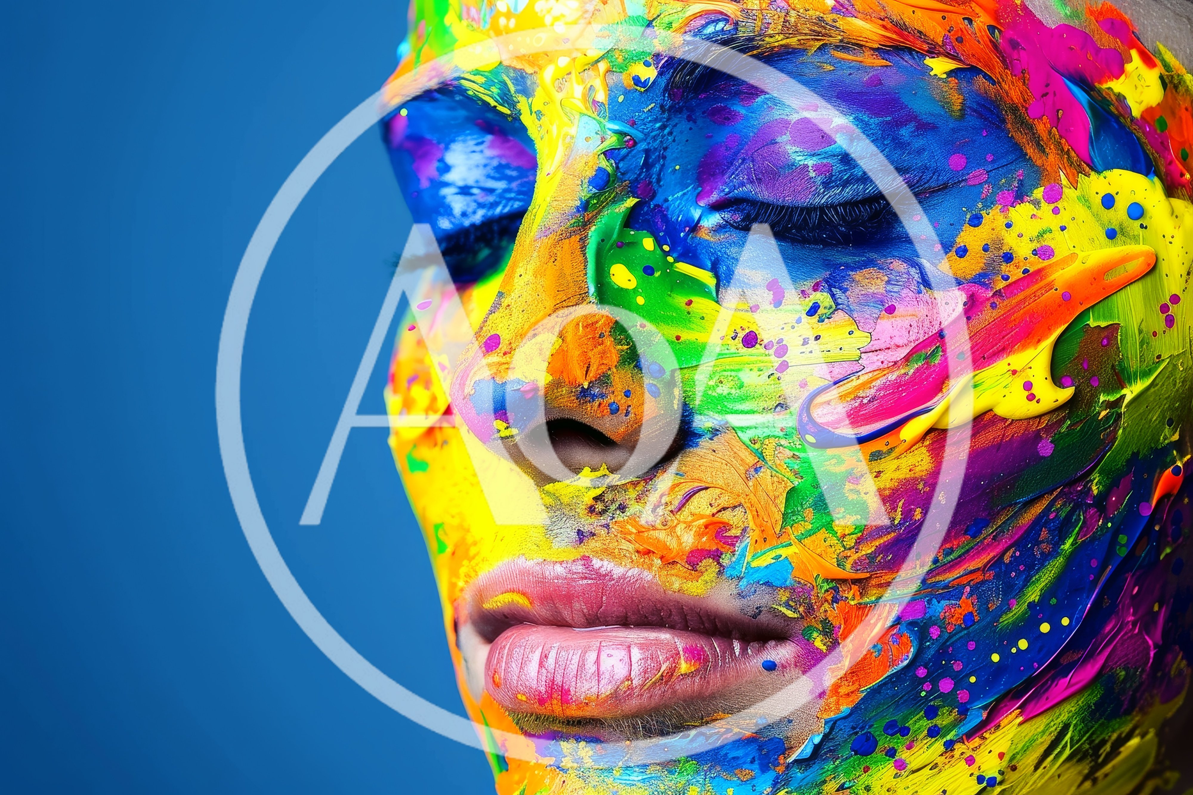 Close Up Portrait Of Woman With Colorful Paint Splatter