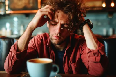 Stressed Young Man Sitting With Coffee In Cafe