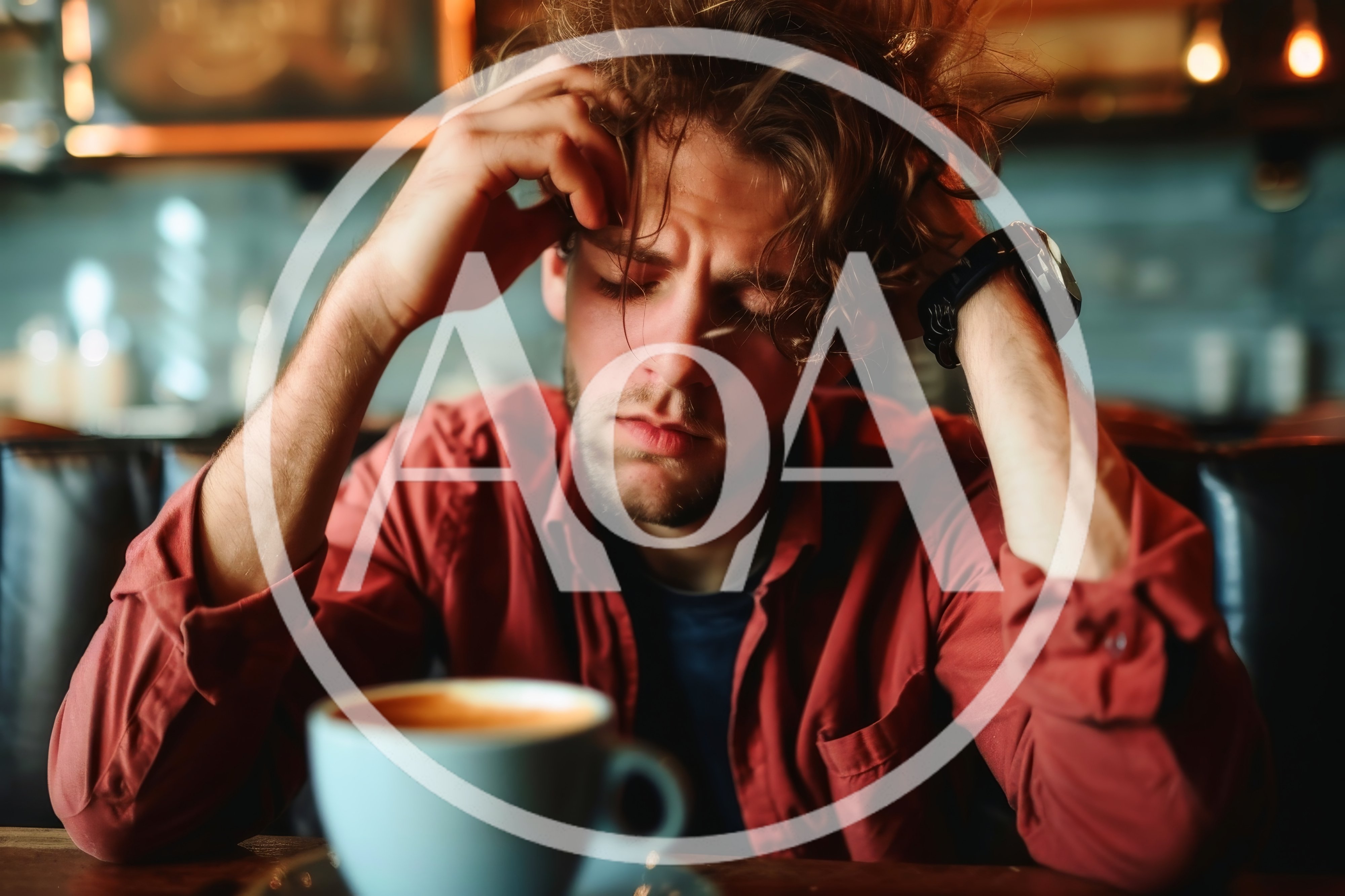 Stressed Young Man Sitting With Coffee In Cafe