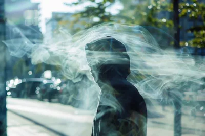 Silhouette Of A Person In A Hood Surrounded By Smoke