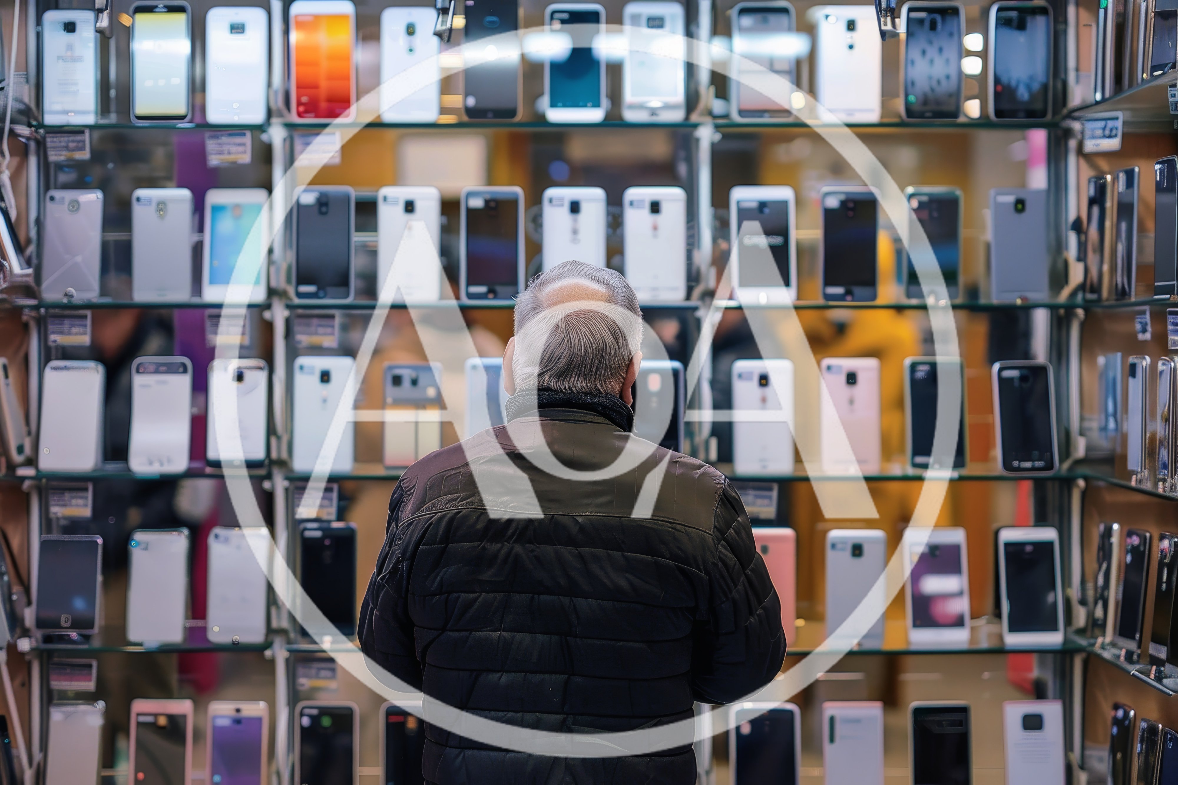 Senior Man Browsing Smartphones In Electronics Store