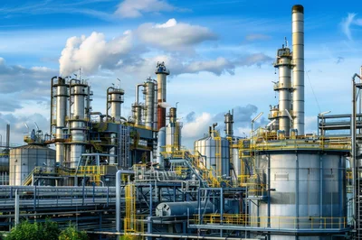 Industrial Oil Refinery Plant With Smoking Chimneys