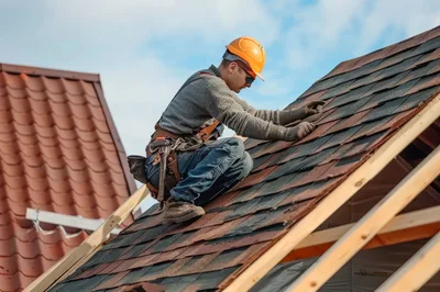 Roofer Installing Asphalt Shingles On A Residential Roof