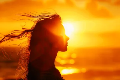 Silhouette Of A Woman With Flowing Hair At Sunset