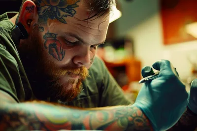 Tattoo Artist Working With Precision In Studio