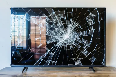 Broken Television Screen With Spiderweb Cracks