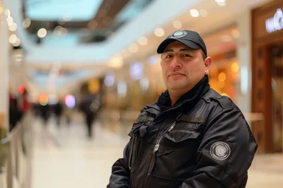 Security Guard Standing In A Modern Shopping Mall