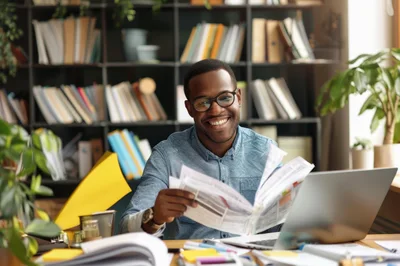 Smiling African American Man Reading Documents In Office