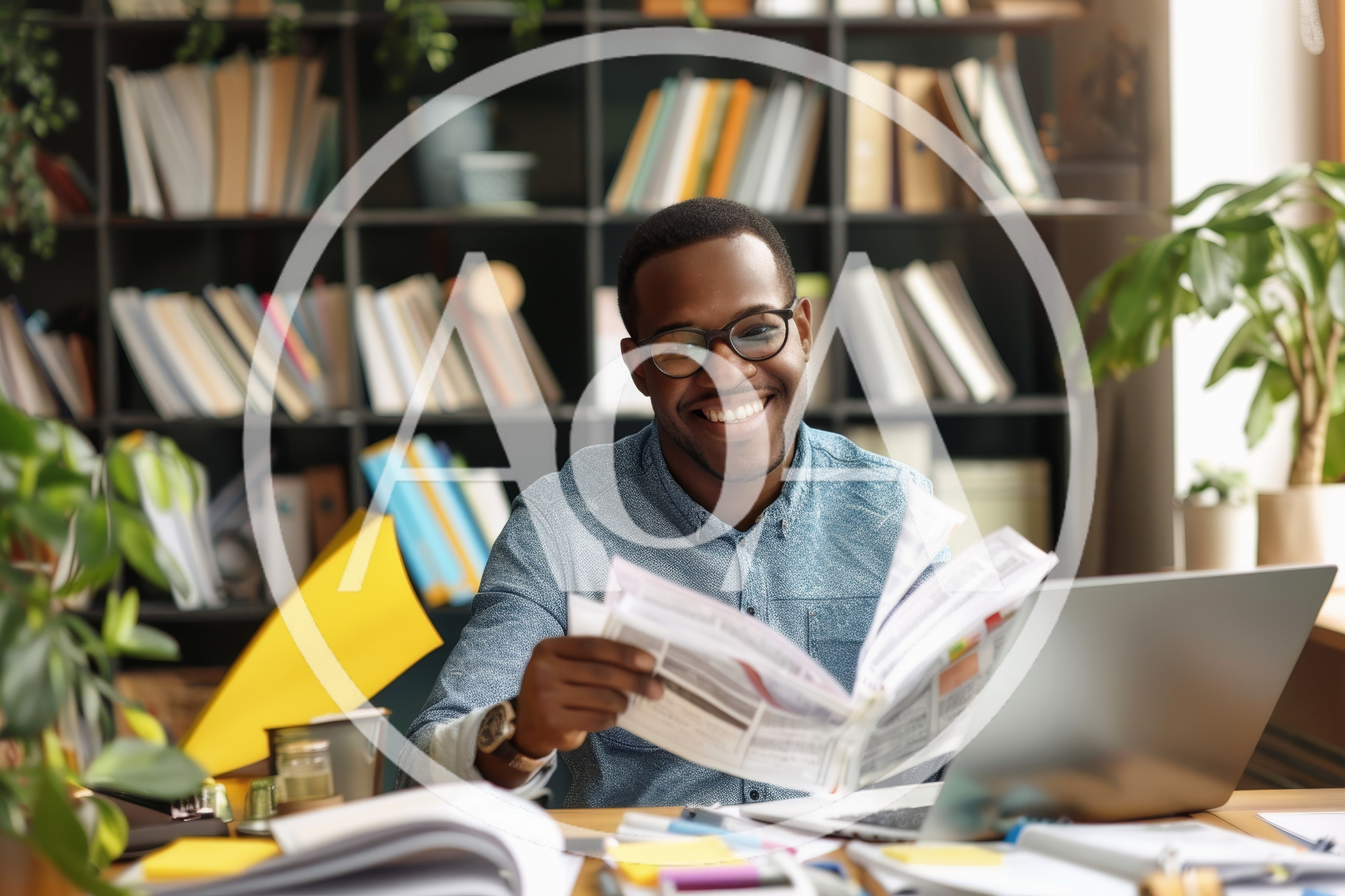 Smiling African American Man Reading Documents In Office
