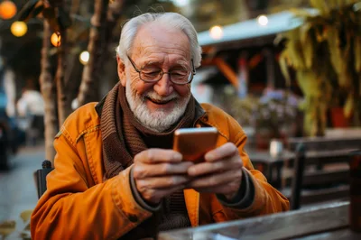 Senior Man Smiling While Using Smartphone Outdoors