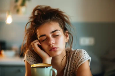 Sleepy Young Woman Resting Head On Hand With Coffee