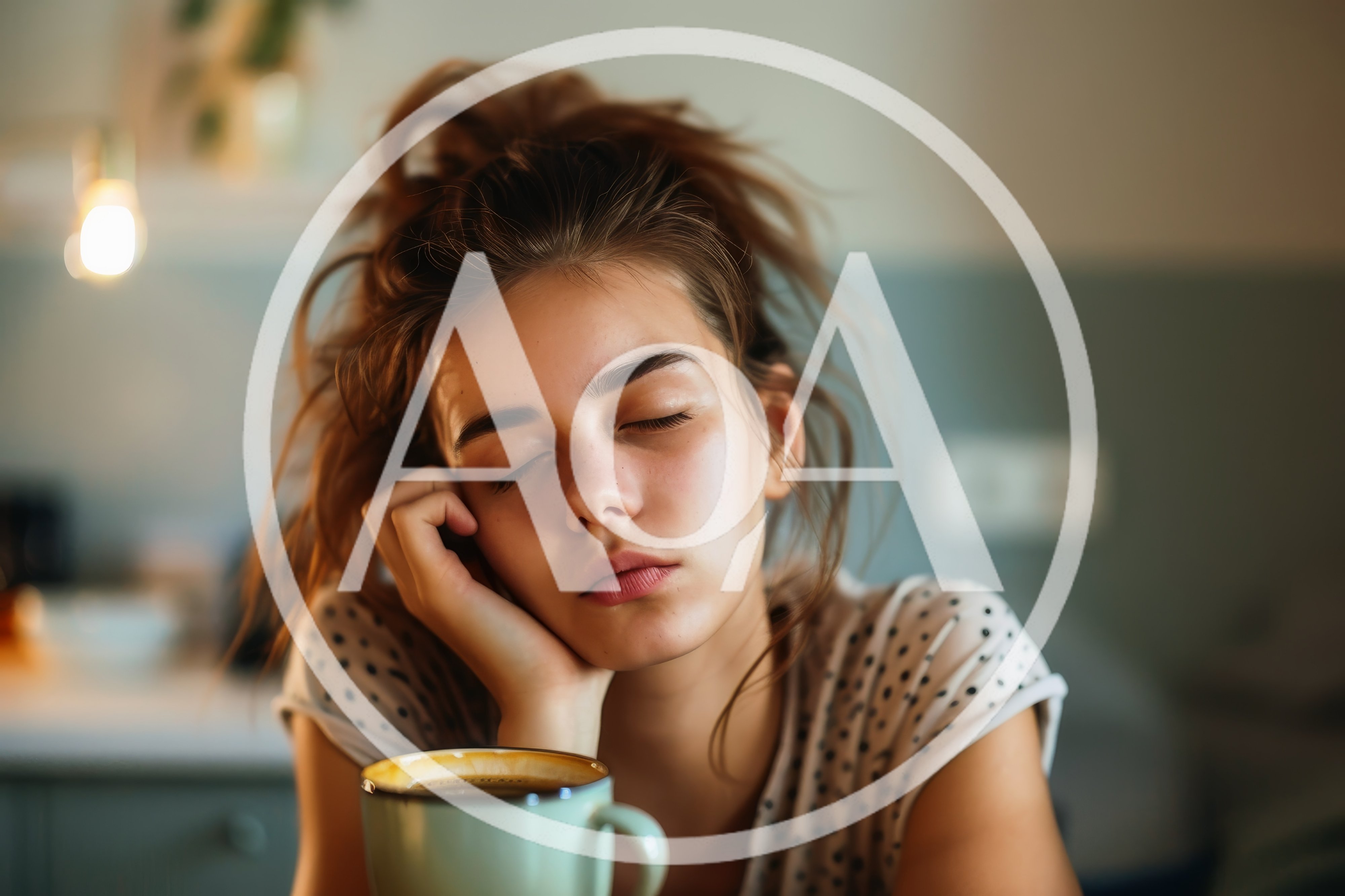 Sleepy Young Woman Resting Head On Hand With Coffee