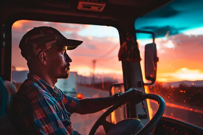 Truck Driver Operating Vehicle During Vibrant Sunset