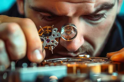 Watchmaker Examining Intricate Mechanical Movement With Loupe