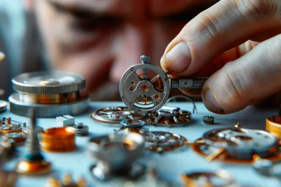 Watchmaker Carefully Inspecting Intricate Mechanical Watch Movement