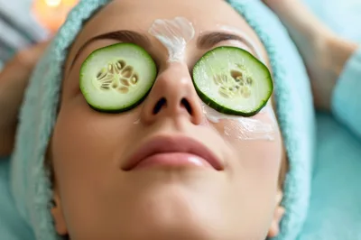 Woman Relaxing With Cucumber Slices During Spa Facial Treatment