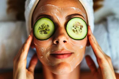 Woman Relaxing With Cucumber Slices On Eyes At Spa