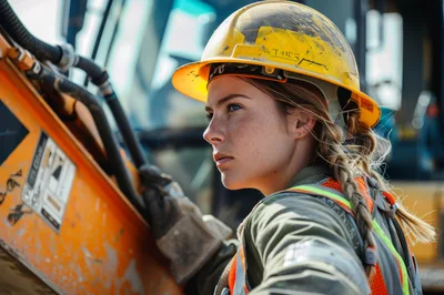 Female Construction Worker Standing Beside Heavy Machinery