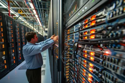 IT Technician Working On Server Rack In Data Center