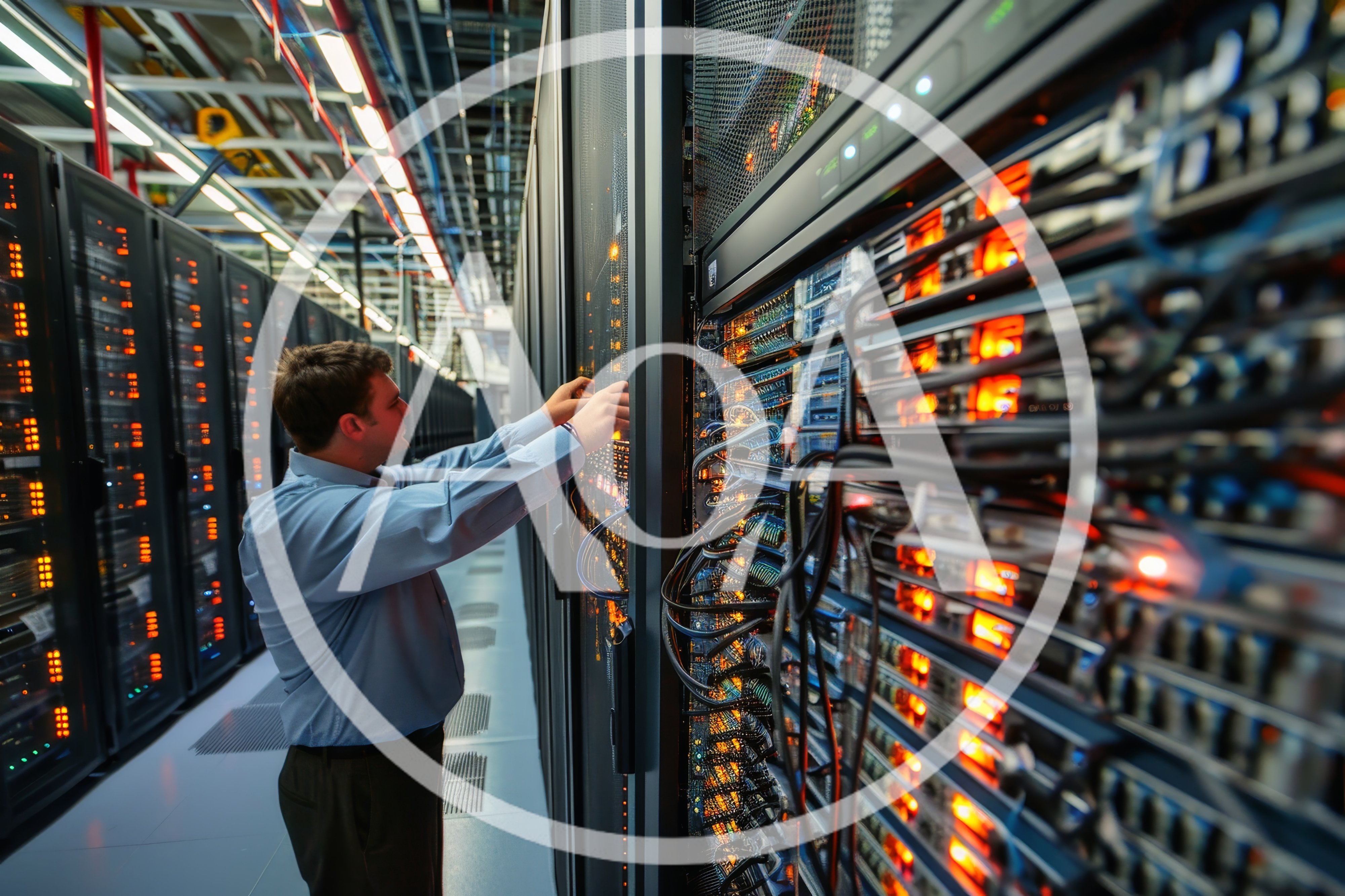 IT Technician Working On Server Rack In Data Center