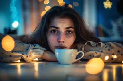 Young Woman Resting Chin On Hands With Coffee Cup
