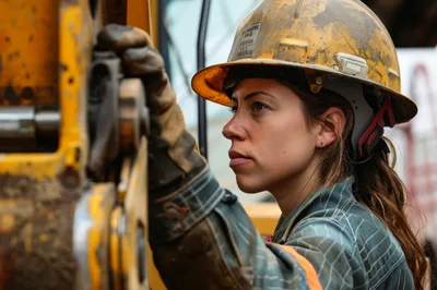 Female Construction Worker Inspecting Heavy Machinery