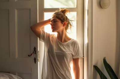 Young Woman Standing In Sunlight By A Doorway