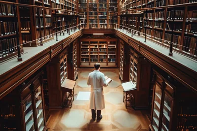 Researcher Reading Book In Grand Historical Library