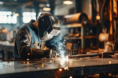 Professional Welder Working On Metal In Industrial Workshop