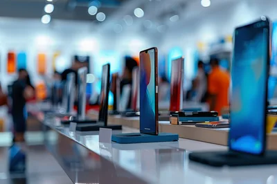 Smartphones Displayed On Shelves In A Modern Electronics Store