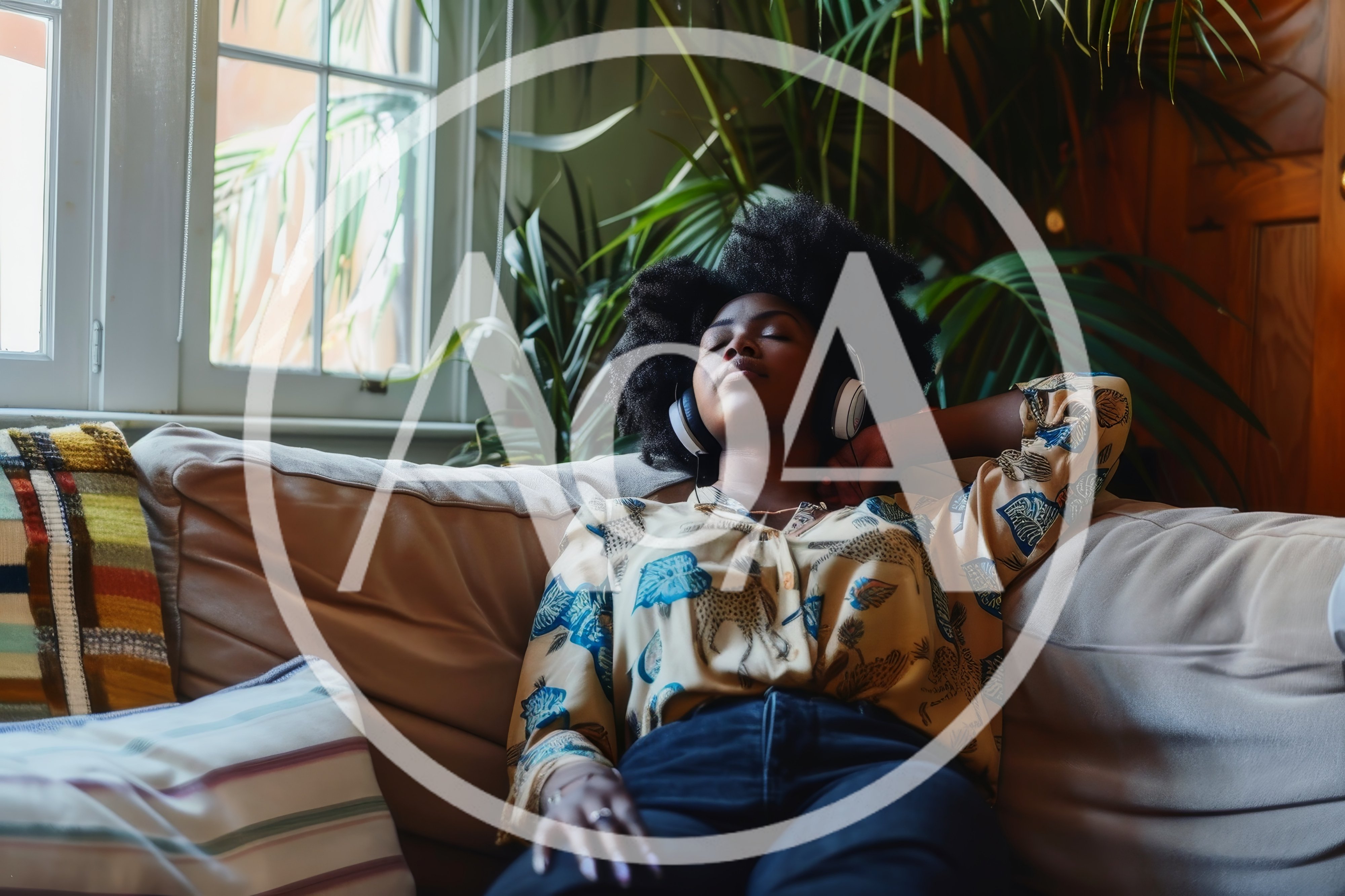 Young Black Woman Relaxing On Sofa Listening To Music