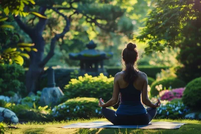 Woman Practicing Yoga Meditation in a Serene Japanese Garden