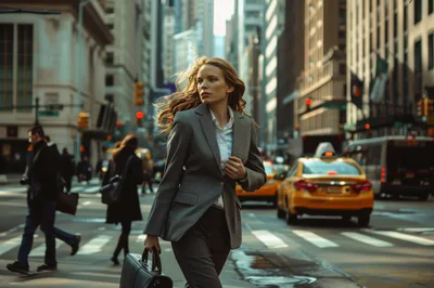 Businesswoman Walking Through Busy New York City Intersection