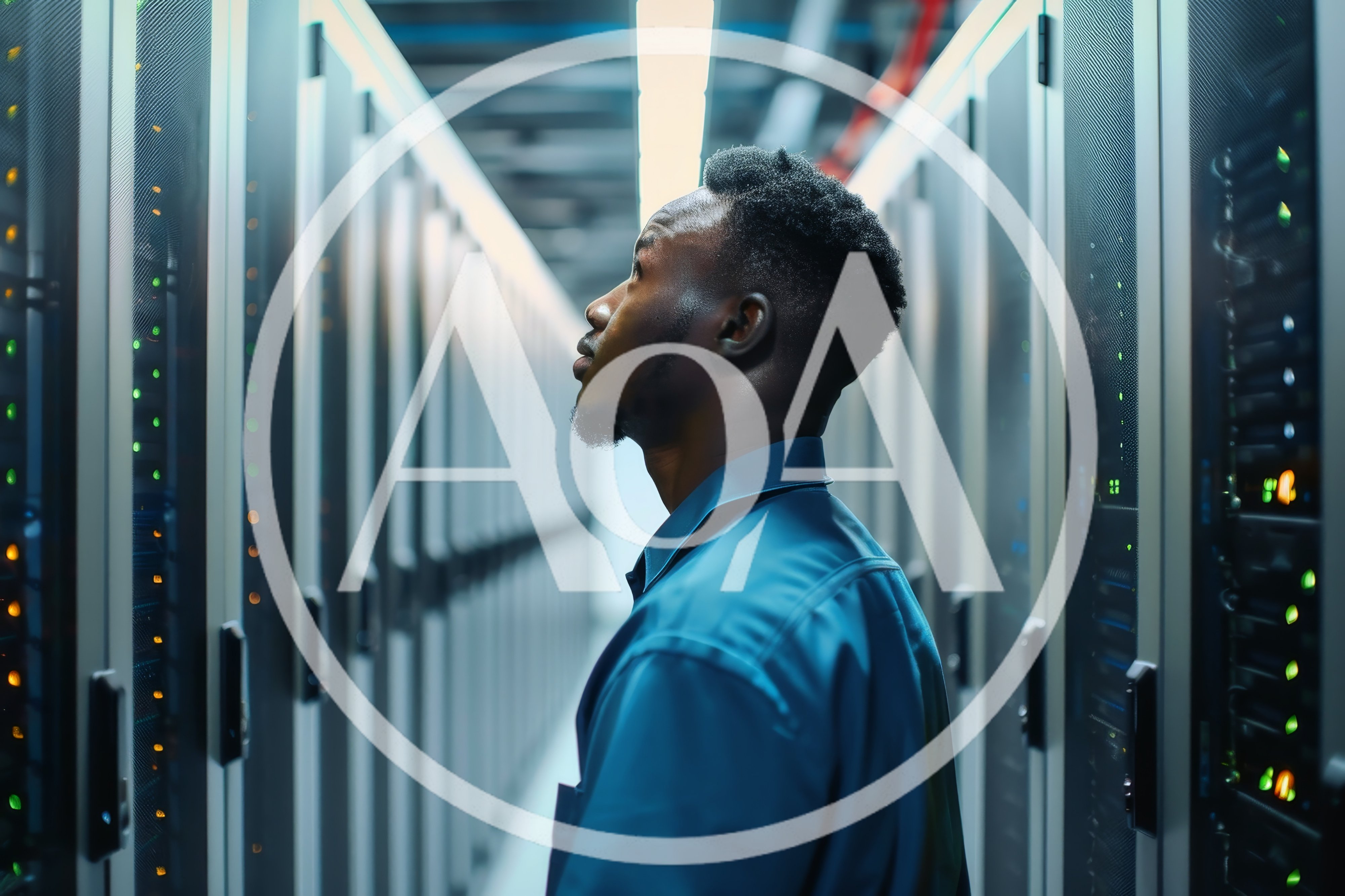 African American IT Technician Inspecting Server Room Racks