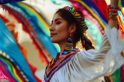Young Woman Dancing In Traditional Colorful Andean Attire