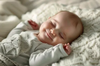 Peaceful Sleeping Baby In Soft Knitted Blanket