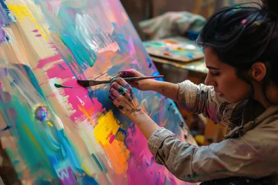 Young Female Artist Painting Abstract Art On Canvas