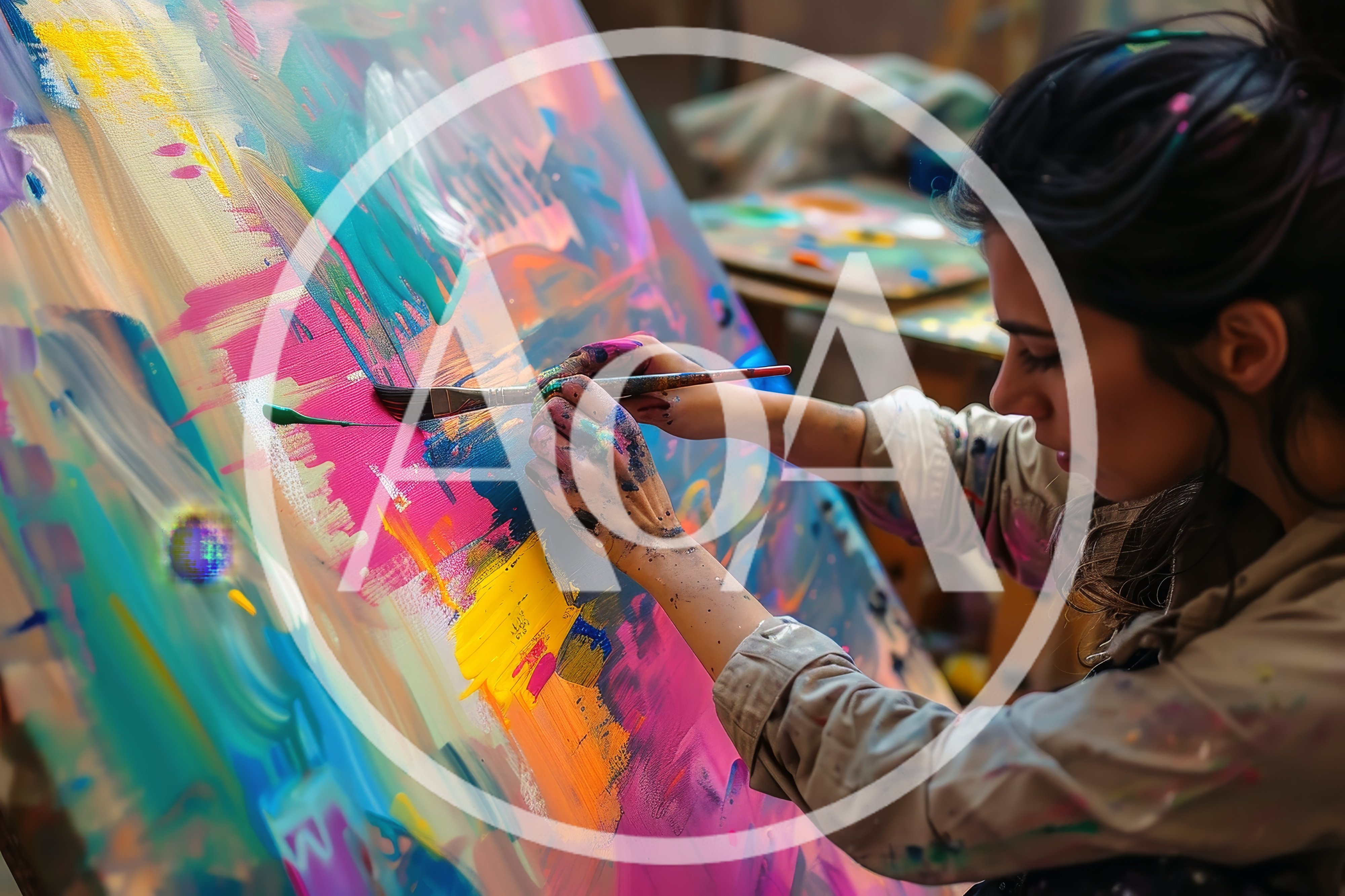 Young Female Artist Painting Abstract Art On Canvas