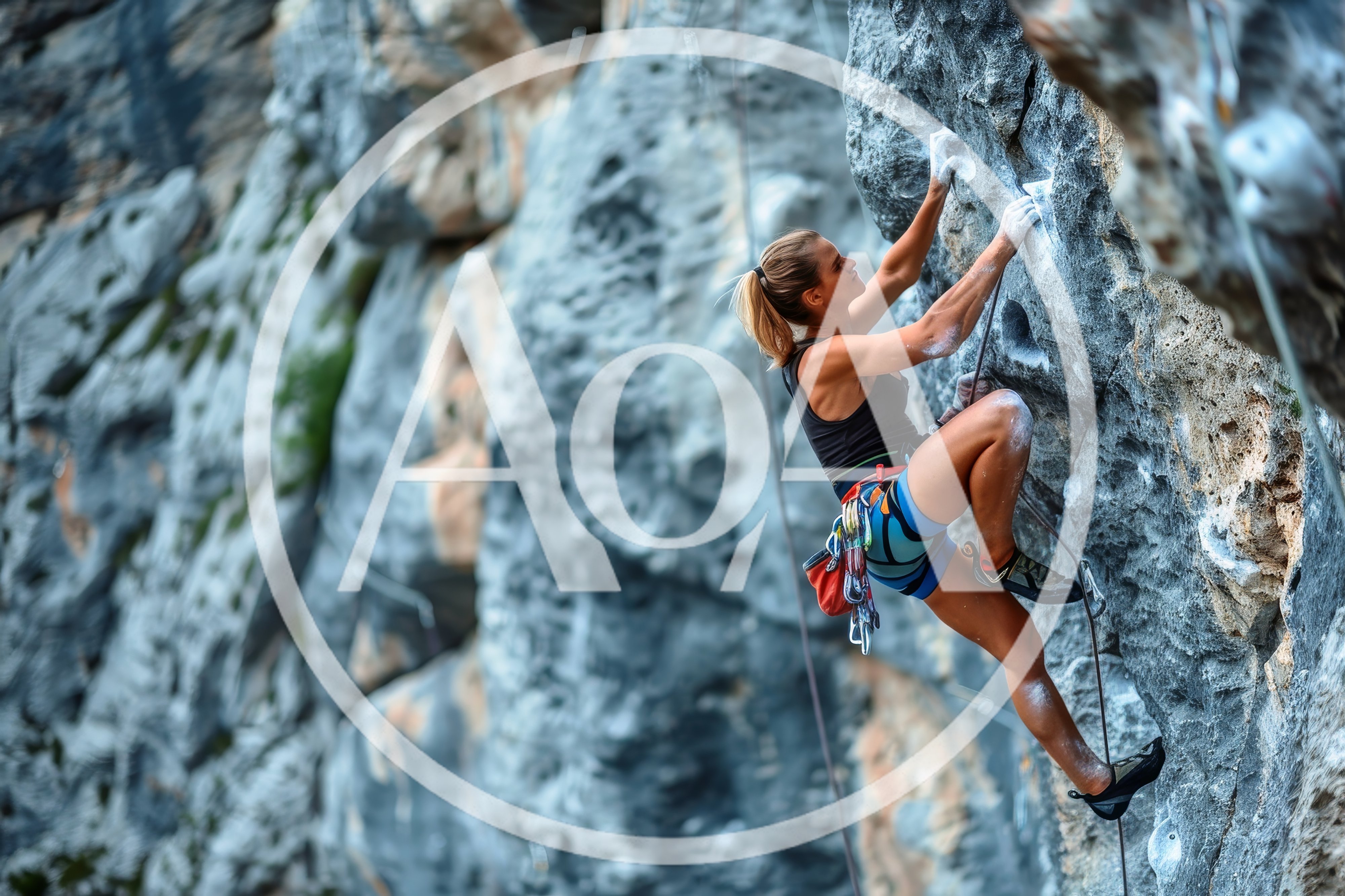 Female Rock Climber Ascending A Steep Limestone Cliff