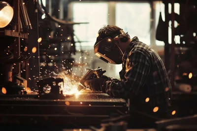 Welder Working With Sparks In A Metal Workshop