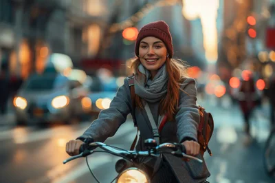 Young Woman Cycling Through A Busy City Street