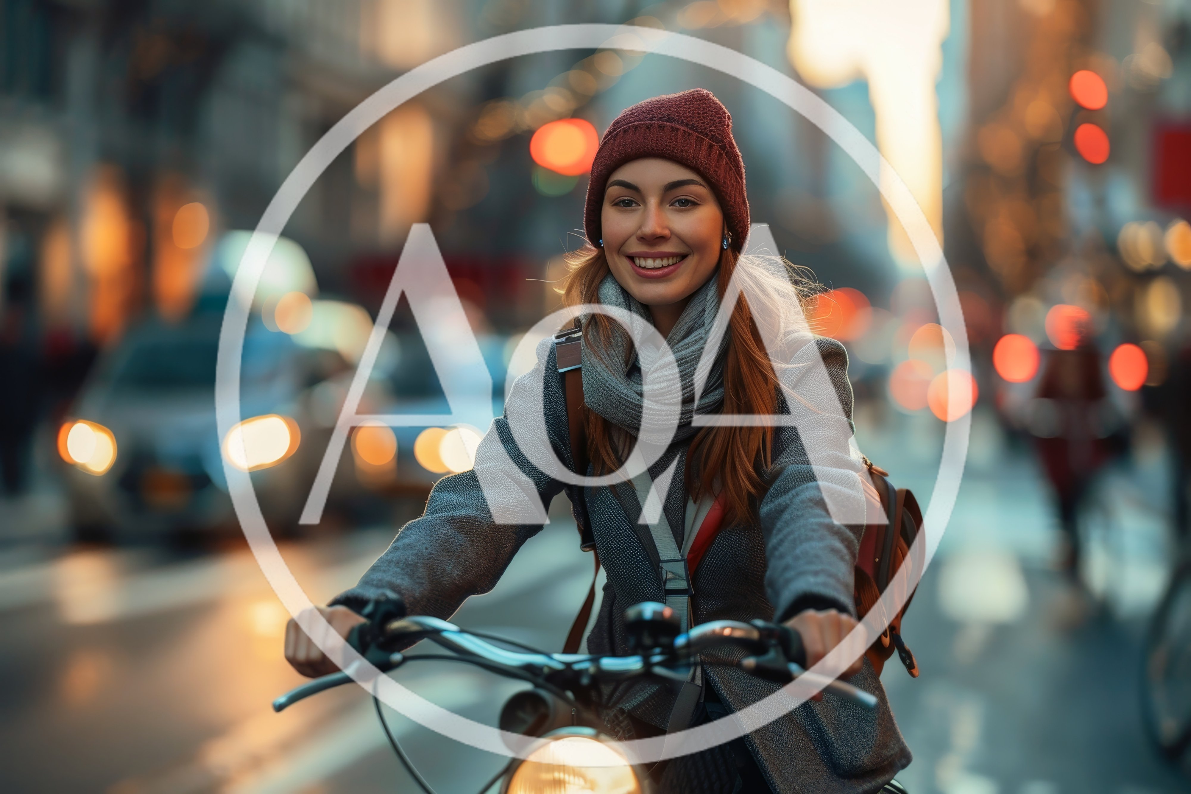 Young Woman Cycling Through A Busy City Street